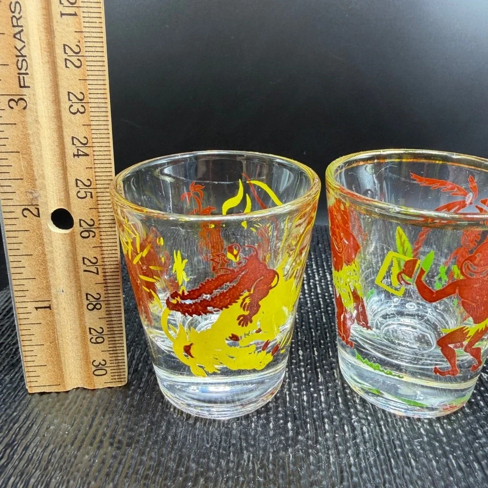 1950s Tiki Shot Glass Set 2 Bottoms Up Heres Looking At You Gold Rim Tropical - Picture 3 of 12